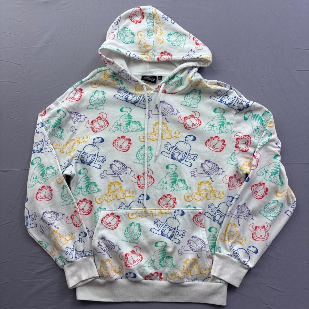 Nickelodeon Garfield All Over Print Hoodie White Rainbow Cartoon Mens Medium